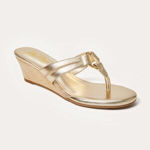 Lilly Pulitzer Gold Metallic Leather McKim Straw Wedge Heel Thong Sandals